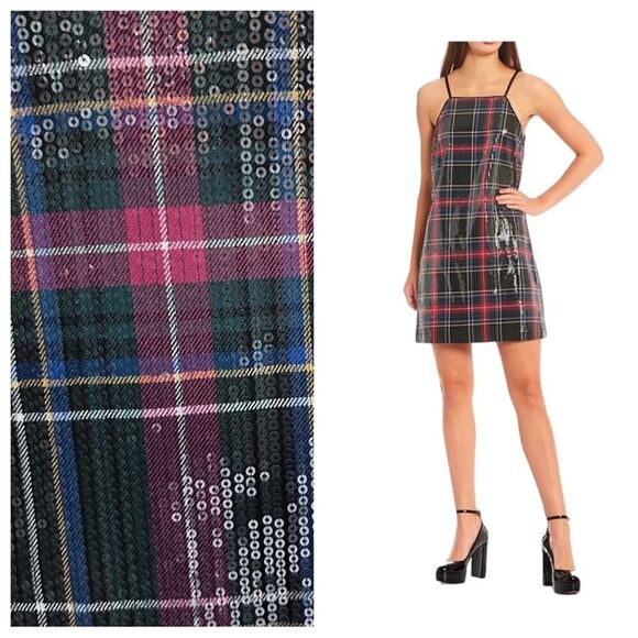 Sequin Juniors Knee Length COPPER KEY Shift Cocktail Party Night Out Plaid Dress - Picture 1 of 16